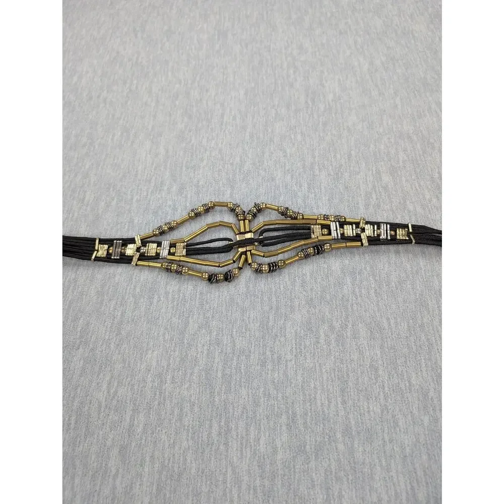 Vintage Belt Black Cord Beaded Geometric Art Deco Gold Silver Tone Western Boho